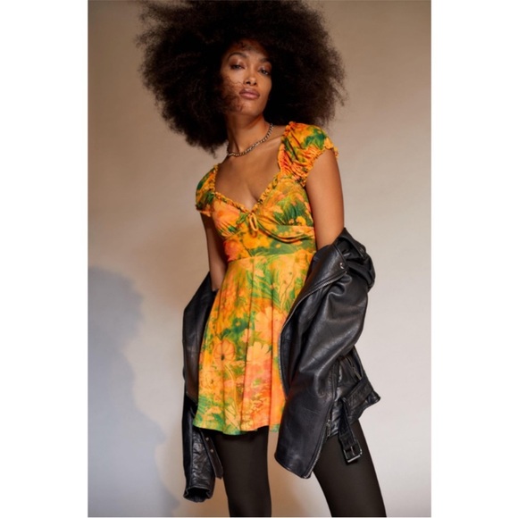 Urban Outfitters Audrey Mesh Mini Dress New Small Orange Green Puff Sleeve Cute - Picture 1 of 8